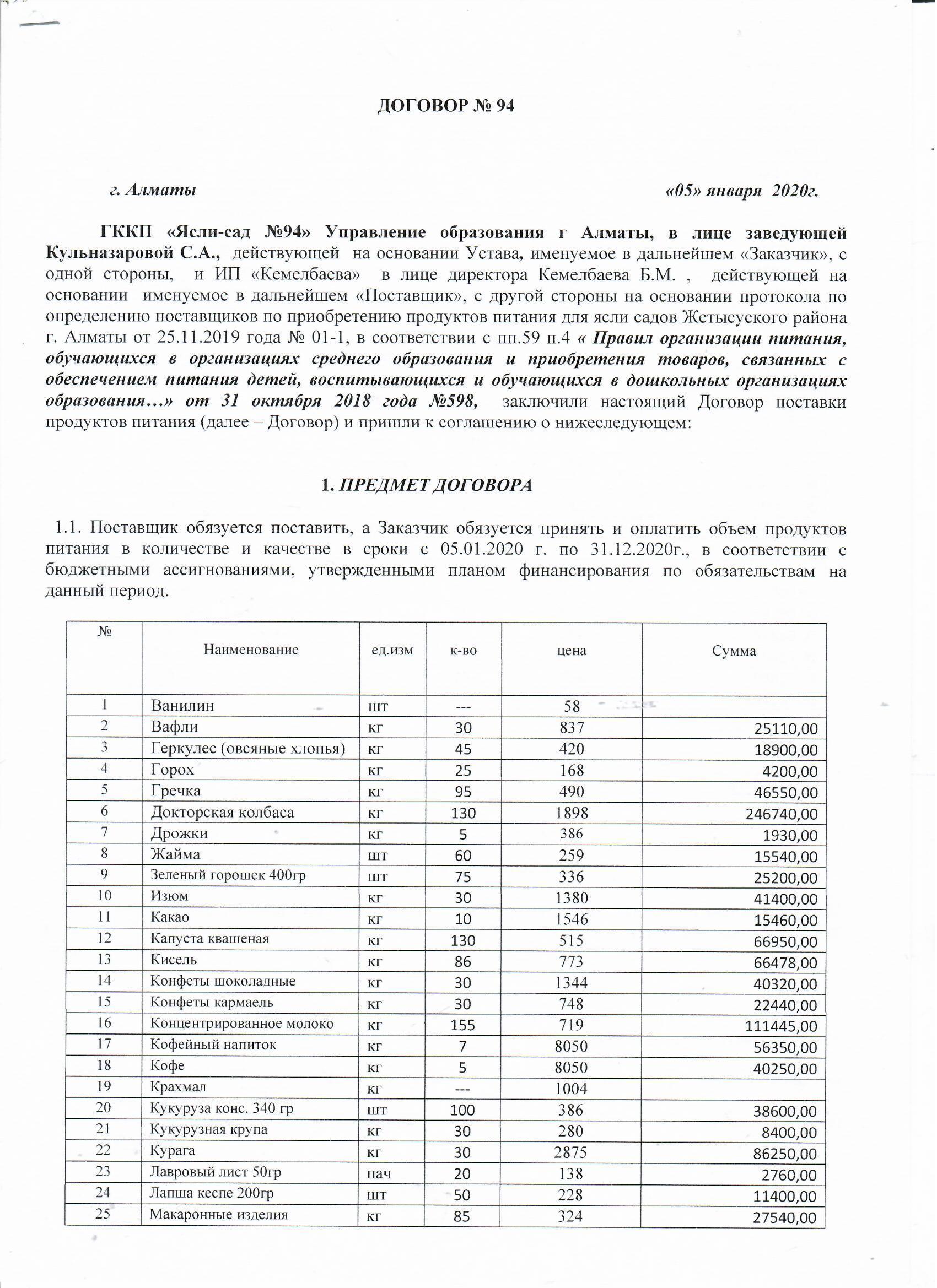 Договора с поставщиками продуктов питания 2020 год