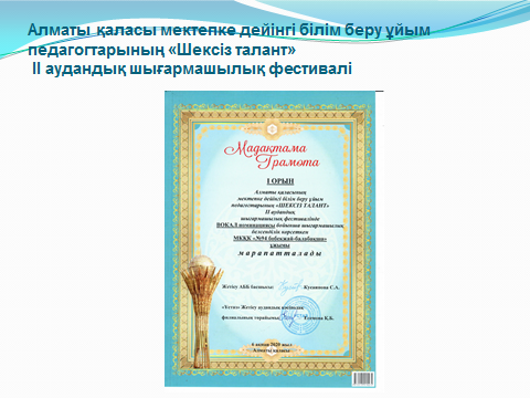 I орын Алматы қаласының мектепке дейінгі білім беру ұйым педагогтарының "ШЕКСІЗ ТАЛАНТ" IIаудандық шығармашылық  фестивалінде ВАКАЛ наминациясы бойынша шығармашылық белсенділік көрсеткен МКҚК "№94 бөбекжай-балабақша ұжымы марапатталды.