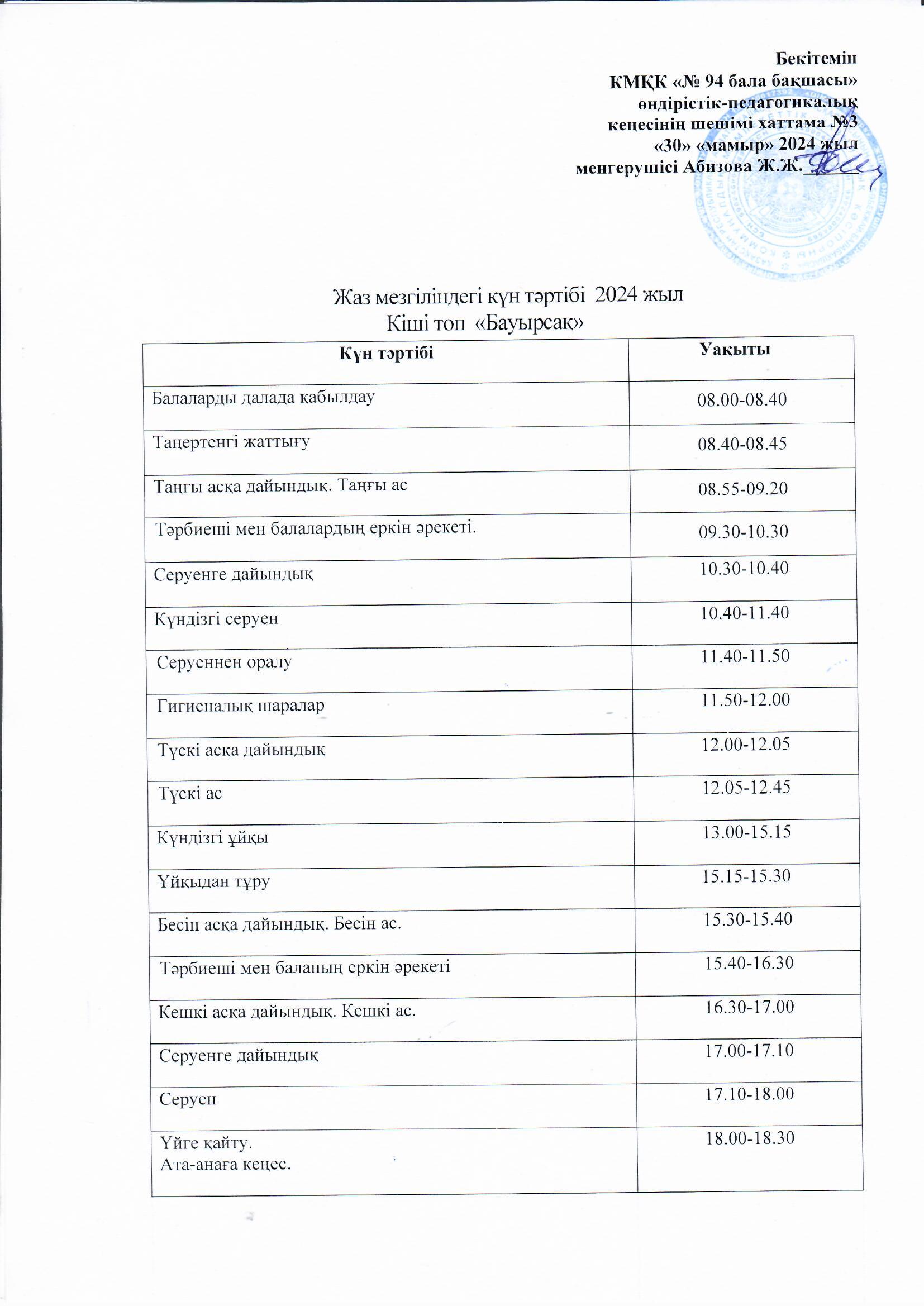 Жаз мезгіліндегі күн тәртібі  2024 жыл /Режим дня на летний оздоровительный период 2024 год