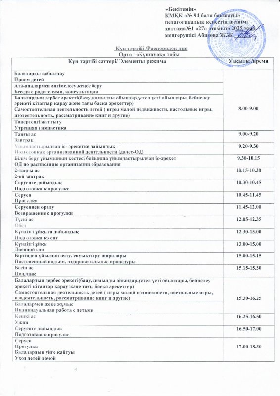 Күн тәртібі. Режим дня 2025-2026 г.